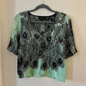 Corey Lynn Coulter Silk Green & Black Silk Peacock Blouse T-Shirt